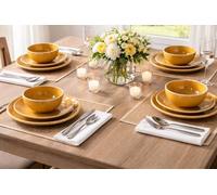 Waterside - 12 Piece Saffron Yellow Stoneware Dinner Set; 4 Dinner Plates, Side Plates & Deep Bowls - Dishwasher & Microwave Safe