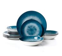 Waterside 12pc 2 Tone Blue Star Porcelain Dinnerware Set, 4 Dinner Plates, 4 Side Plates and 4 Bowls