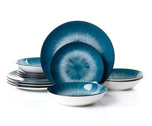 Waterside 12pc 2 Tone Blue Star Porcelain Dinnerware Set, 4 Dinner Plates, Side Plates and Bowls