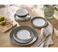Waterside 12pc Black & Grey Stripe Porcelain Dinner Set | 4 Dinner Plates, 4 Side Plates, 4 Deep Bowls, Dishwasher Safe, Microwave Safe