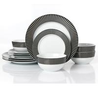 Waterside 12pc Black & Grey Stripe Porcelain Dinner Set; 4 Dinner Plates, Side Plates & Deep Bowls - Dishwasher & Microwave Safe