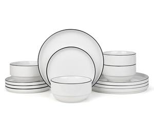 Waterside 12pc Black Rim Stacking Porcelain Dinner Set; 4 Dinner Plates, Side Plates & Deep Bowls - Dishwasher & Microwave Safe