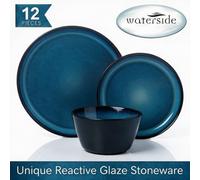 Waterside 12PC Lipped Blue Reactive Glaze Stoneware Dinner Set | Reactive Glaze Finish, Serves 4, Dinner & Side Plates, Includes Bowls, Stoneware
