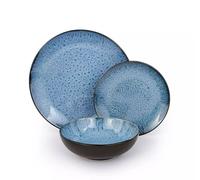 Waterside 12pc Blue Reactive Glaze Stoneware Dinner Set; 4 Dinner Plates, Side Plates & Bowls - Dishwasher & Microwave Safe