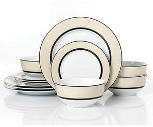 Waterside 12pc Cream Band Porcelain Dinner Set; 4 Dinner Plates, Side Plates and Deep Bowls