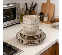 Waterside 12pc Cream Petal Reactive Glaze Stoneware Dinnerware Set, 4 Dinner Plates, Side Plates and Deep Bowls