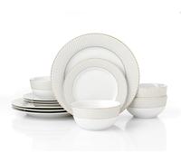 Waterside 12pc Diamond Decor with Gold Band Porcelain Dinnerware Set; 4 Dinner Plates, Side Plates and Deep Bowls