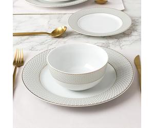 Waterside 12pc Diamond Decor with Gold Band Porcelain Dinnerware Set; 4 Dinner Plates, Side Plates and Deep Bowls