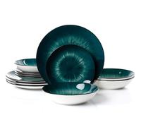 Waterside 12pc Emerald Green Star Porcelain Dinnerware Set, 4 Dinner Plates, Side Plates and Bowls