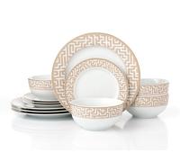 Waterside 12pc Gold Band Maze Porcelain Dinner Set; 4 Dinner Plates, Side Plates and Deep Bowls