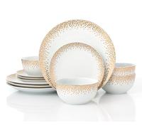 Waterside 12pc Gold Sparkle Porcelain Dinner Set; 4 Dinner Plates, Side Plates and Deep Bowls