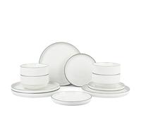 Waterside 12pc Green Rim Stacking Porcelain Dinner Set; 4 Dinner Plates, 4 Side Plates & 4 Deep Bowls - Dishwasher & Microwave Safe