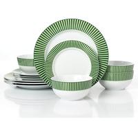 Waterside 12pc Green & White Stripe Porcelain Dinner Set; 4 Dinner Plates, Side Plates & Deep Bowls - Dishwasher & Microwave Safe