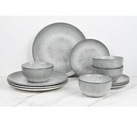 Waterside 12pc Grey Star Porcelain Dinner Set; 4 Dinner Plates, Side Plates & Deep Bowls - Dishwasher & Microwave Safe