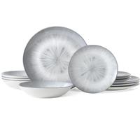 Waterside 12pc Grey Star Porcelain Dinner Set Dishwasher & Microwave Safe