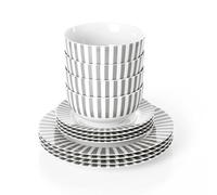 Waterside 12pc Grey Stripe Porcelain Dinner Set, 4 Dinner Plates, 4 Side Plates & 4 Deep Bowls - Dishwasher & Microwave Safe