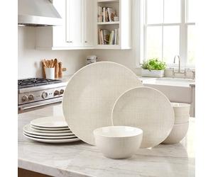 Waterside 12pc Linen Design Porcelain Dinnerware Set | 4 Dinner Plates, 4 Side Plates, 4 Bowls