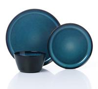 Waterside 12PC Lipped Blue Reactive Glaze Stoneware Dinner Set | Reactive Glaze Finish, Serves 4, Dinner & Side Plates, Includes Bowls, Stoneware