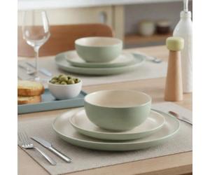 Waterside 12pc Mysa Cream & Green Dinner Set | Dinner & Side Plates, Serving Bowls Included, Embossed Pattern, Gloss Finish, Serves 4