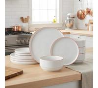Waterside 12pc Orange Rim Stacking Porcelain Dinner Set; 4 Dinner Plates, 4 Side Plates & 4 Deep Bowls - Dishwasher & Microwave Safe
