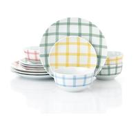 Waterside 12pc Porcelain Dinner Set, Gingham Pastels; 4 Dinner Plates, Side Plates and Deep Bowls - Dishwasher & Microwave Safe