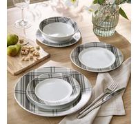 Waterside 12pc Porcelain Grey Tartan Dinner Set - Dishwasher & Microwave Safe