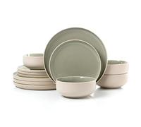 Waterside 12pc Premium Green & Cream Coupe Stoneware Dinner Set; 4 Dinner Plates, Side Plates & Deep Bowls - Dishwasher & Microwave Safe - Matt & Shiny Effect