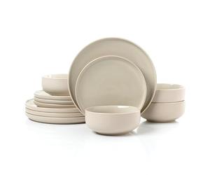 Waterside 12pc Premium Stone & Cream Coupe Stoneware Dinner Set; 4 Dinner Plates, Side Plates & Deep Bowls - Dishwasher & Microwave Safe - Matt & Shiny Effect