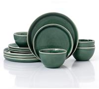 Waterside 12pc Reactive Glaze Green Stoneware Dinner Set; 4 Dinner Plates, Side Plates and Deep Bowls - Dishwasher & Microwave Safe