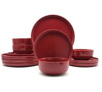 Waterside 12PC Red Lipped Stoneware Dinner Set | Serves 4, Glazed Finish, Plates & Bowls Included, Bold Red Colour, Stacked Storage Friendly