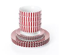Waterside 12pc Red Stripe Porcelain Dinner Set, 4 Dinner Plates, 4 Side Plates & 4 Deep Bowls - Dishwasher & Microwave Safe
