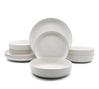 Waterside 12pc Ribbed Cream Stoneware Dinnerware Set, 4 Dinner Plate, Side Plate and Bowls