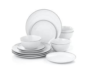Waterside 12pc Silver Porcelain Dinner Set; 4 Dinner Plates, Side Plates & Deep Bowls