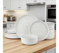 Waterside 12pc Speckled Spot Dinner Set; 4 Dinner Plates, 4 Side Plates & 4 Deep Bowls - Dishwasher & Microwave Safe