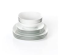 Waterside 12pc White Square Porcelain Dinner Set, 4 Dinner Plates, 4 Side Plates & 4 Deep Bowls - Dishwasher & Microwave Safe