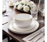 Waterside 12pc Yellow Rim Porcelain Dinner Set | 4 Dinner Plates, 4 Side Plates, 4 Deep Bowls, Stacking Design, Dishwasher & Microwave Safe