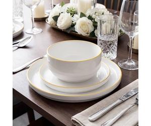 Waterside 12pc Yellow Rim Porcelain Dinner Set | 4 Dinner Plates, 4 Side Plates, 4 Deep Bowls, Stacking Design, Dishwasher & Microwave Safe