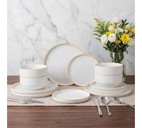 Waterside 12pc Yellow Rim Stacking Porcelain Dinner Set; 4 Dinner Plates, 4 Side Plates & 4 Deep Bowls - Dishwasher & Microwave Safe