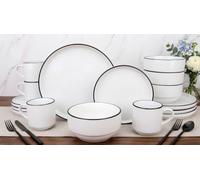 Waterside 16 Piece Black Rim Stacking Dinner Set, 4 x Dinner Plates, Side Plates, Deep Bowls, Mugs - Dishwasher & Microwave Safe
