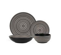 Waterside 16pc Black and Beige Stoneware Dinner Set; 4 Dinner Plates, Side Plates, Soup Bowl & Deep Bowls - Dishwasher & Microwave Safe