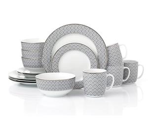 Waterside 16pc Black Diamond with Silver Rim Porcelain Dinnerware Set, 4 Dinner Plates, Side Plates, Deep Bowls and Mugs