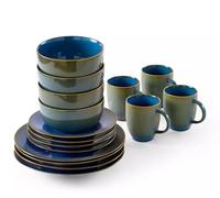 Waterside 16pc Blue Reactive Glaze Porcelain Dinner Set; 4 Dinner Plates, Side Plates, Deep Bowls & Mugs - Dishwasher & Microwave Safe