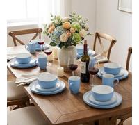 Waterside 16pc Blue & White Coupe Stoneware Dinner Set; 4 Dinner Plates, Side Plates, Deep Bowls & Mugs - Dishwasher & Microwave Safe