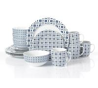 Waterside 16pc Blue & White Geo Porcelain Dinner Set; 4 Dinner Plates, Side Plates, Deep Bowls & Mugs - Dishwasher & Microwave Safe
