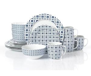 Waterside 16pc Blue & White Geo Porcelain Dinner Set; 4 Dinner Plates, Side Plates, Deep Bowls & Mugs - Dishwasher & Microwave Safe