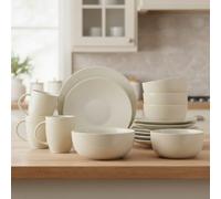 Waterside 16pc Reactive Glaze Porcelain Dinner Set Cream; 4 Dinner Plates, Side Plates, Deep Bowls & Mugs - Dishwasher & Microwave Safe