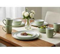 Waterside 16pc Green & White Coupe Stoneware Dinner Set; 4 Dinner Plates, Side Plates, Deep Bowls & Mugs - Dishwasher & Microwave Safe