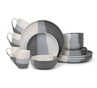 Waterside 16pc Grey & White Dipped Stoneware Dinner Set; 4 Dinner Plates, Side Plates, Deep Bowls & Mugs - Dishwasher & Microwave Safe
