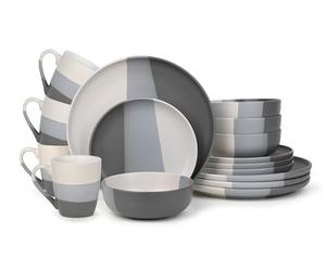 Waterside 16pc Grey & White Dipped Stoneware Dinner Set; 4 Dinner Plates, Side Plates, Deep Bowls & Mugs - Dishwasher & Microwave Safe