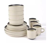 Waterside 16pc Hand Brush Effect Stoneware Dinner Set; 4 Dinner Plates, Side Plates, Deep Bowls & Mugs - Dishwasher & Microwave Safe
